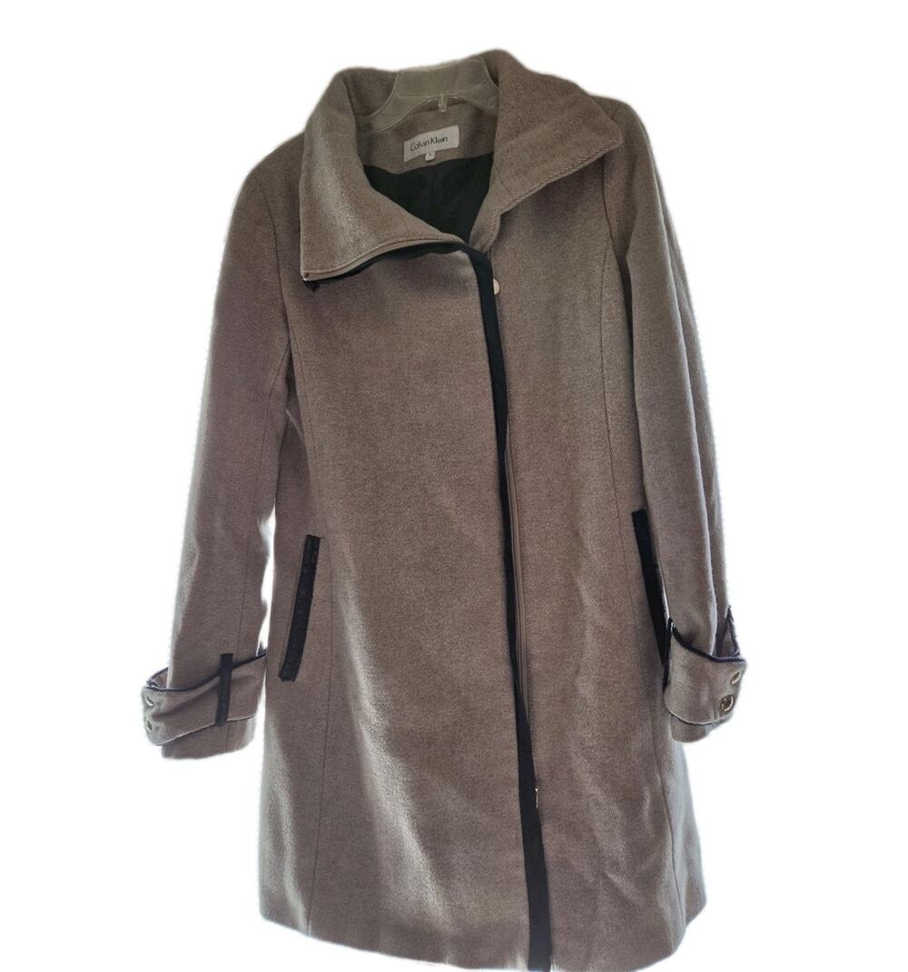Calvin Klein Women’s Long Brown Tan Coat Lined Wool Blend Size 8